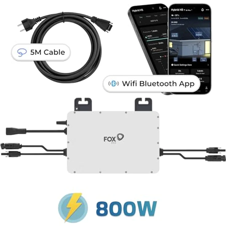 SUNNIVA Fox ESS Mikro-Wechselrichter M1-800-E, 800 W für Balkonkraftwerk, IP67 wetterfest, Plug-&-Play, 2 MPPT, Bluetooth & WiFi, inkl. 5 m Anschlusskabel – Bild 3