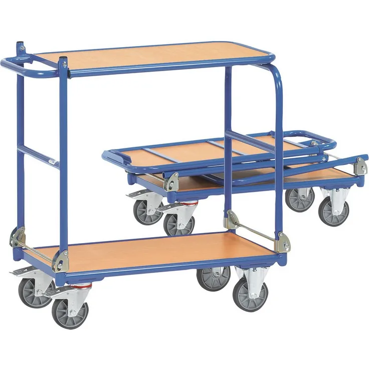 FETRA Klappwagen 1140, Transportwagen mit 2 Etagen, 250 kg Tragfähigkeit, Ladefläche 720x450mm, blau mit Holzunterbau, zusammenklappbar, Made in Germany
