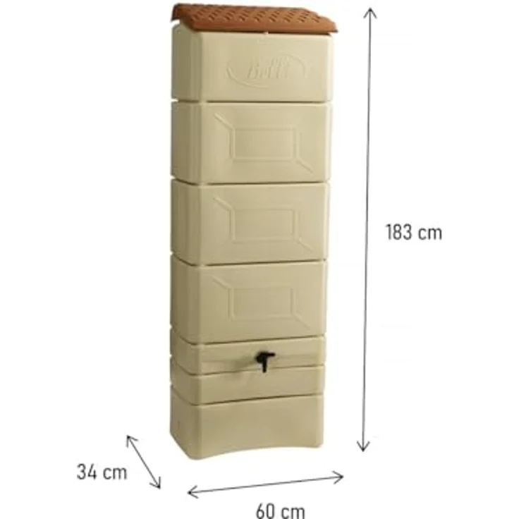 Belli 0936 9 Wasserfass/Regentonne, 300 l zur Wandbefestigung mit Deckel, Hahn und Anschluss-Set, beige, 60 x 180 cm – Bild 3