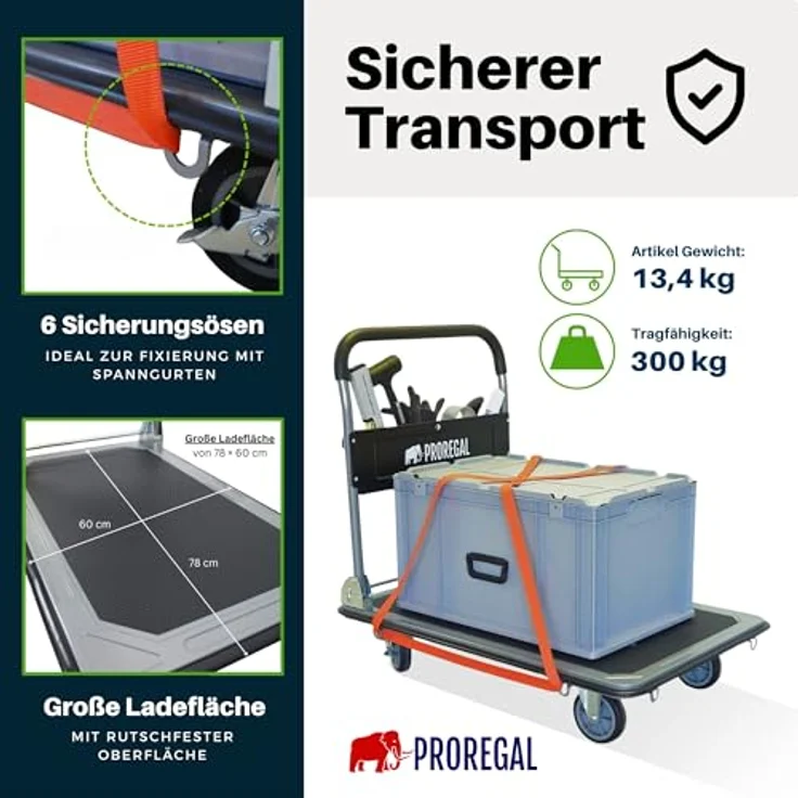 PROREGAL® Transportwagen RHINO, Klappbarer Profi-Transportwagen mit 300 kg Traglast, 2x 360° Lenkrollen & 2x Bockrollen mit Feststellbremse, rutschfeste Ladefläche, praktischer Werkzeugtasche – Bild 4