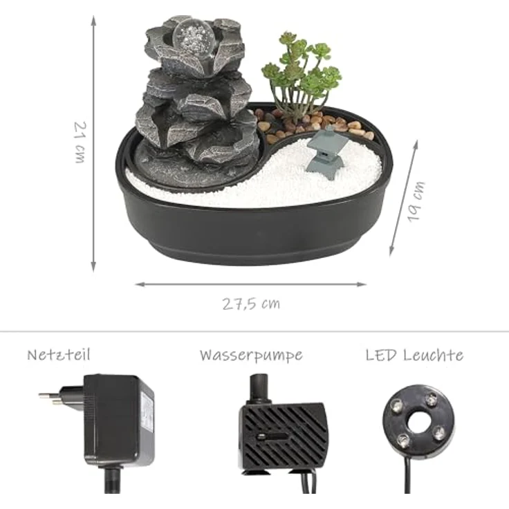 Lemodo Zimmerbrunnen Tischbrunnen mit Zen-Garten, Pumpe mit LED-Beleuchtung, Polyresin, fernöstliches Flair – Bild 2
