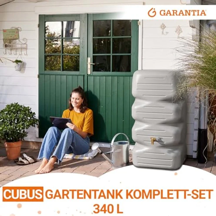 Garantia CUBUS Regentonne Komplett-Set 340 Liter betongrau - Umweltfreundliche Regenwassernutzung, modernes Design, praktische Wasserentnahme – Bild 2