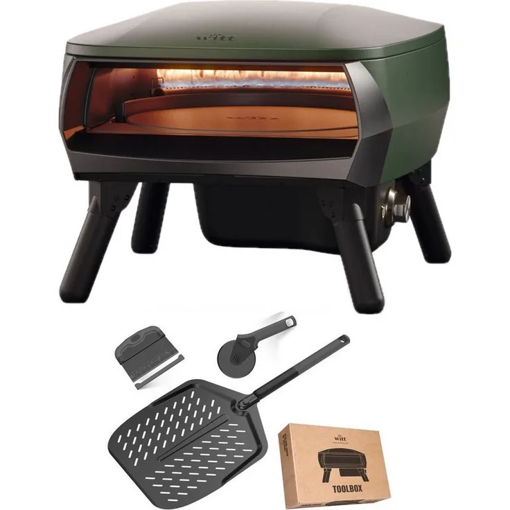 Witt Pizzaofen PICCOLO Rotante 13", Gas Pizzaofen mit rotierendem Pizzastein, 5,2 kW, matt grün, inklusive Zubehörset