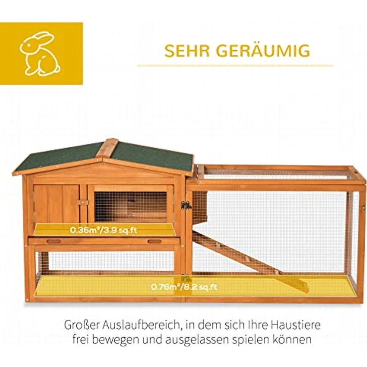 PawHut Kleintierstall Tannenholz Kleintierhaus mit Asphaltdach Kleintierkäfig mit Bodenwanne und Rampe Gehege Outdoor Indoor Orange 156 x 58 x 68 cm – Bild 5