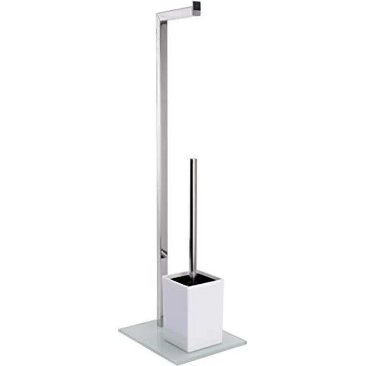 MSV Bad Serie Sydney Stand WC Garnitur aus Edelstahl und Glas mit herausnehmbaren Innenbehälter für die WC Bürste Weiß