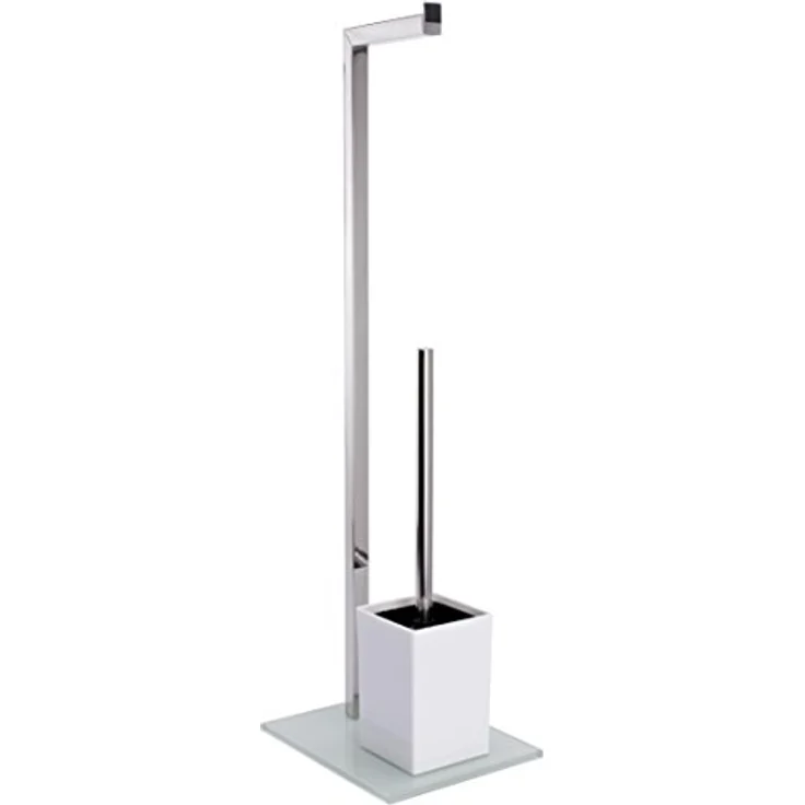 MSV Bad Serie Sydney Stand WC Garnitur aus Edelstahl und Glas mit herausnehmbaren Innenbehälter für die WC Bürste Weiß – Bild 1