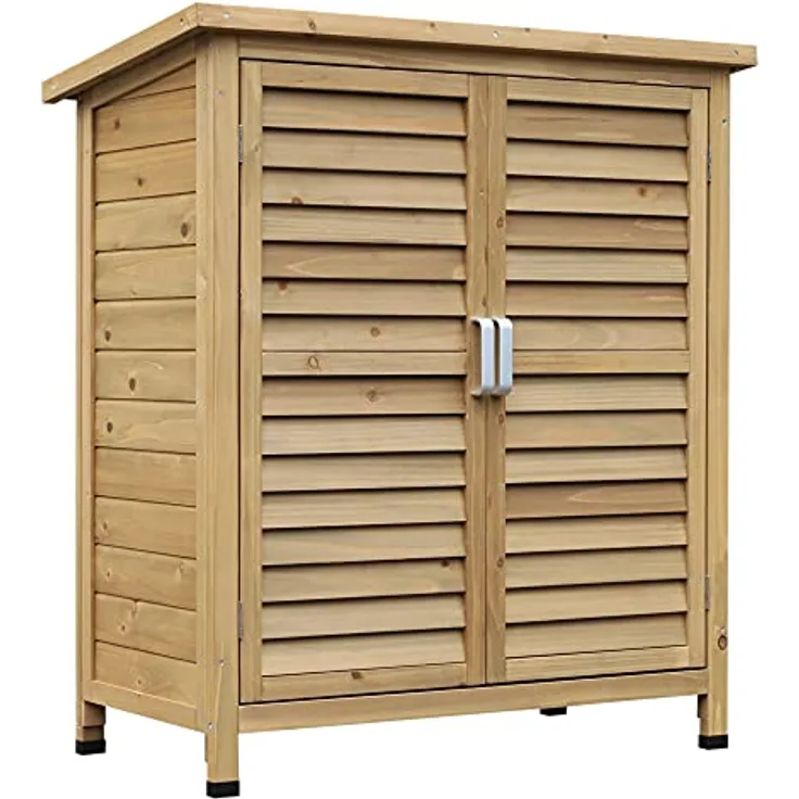 Outsunny Gartenschrank Holz Gerätehaus Geräteschuppen Geräteschrank Holzhütte Pultdach Bitumenpappe Lamellentüren Natur 87 x 46,5 x 96,5 cm