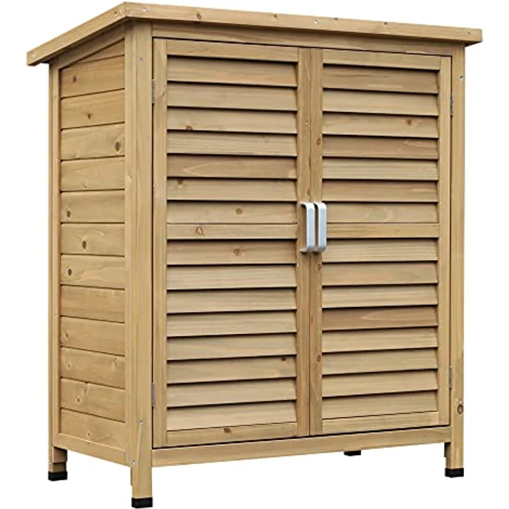 Outsunny Gartenschrank Holz Gerätehaus Geräteschuppen Geräteschrank Holzhütte Pultdach Bitumenpappe Lamellentüren Natur 87 x 46,5 x 96,5 cm – Bild 1