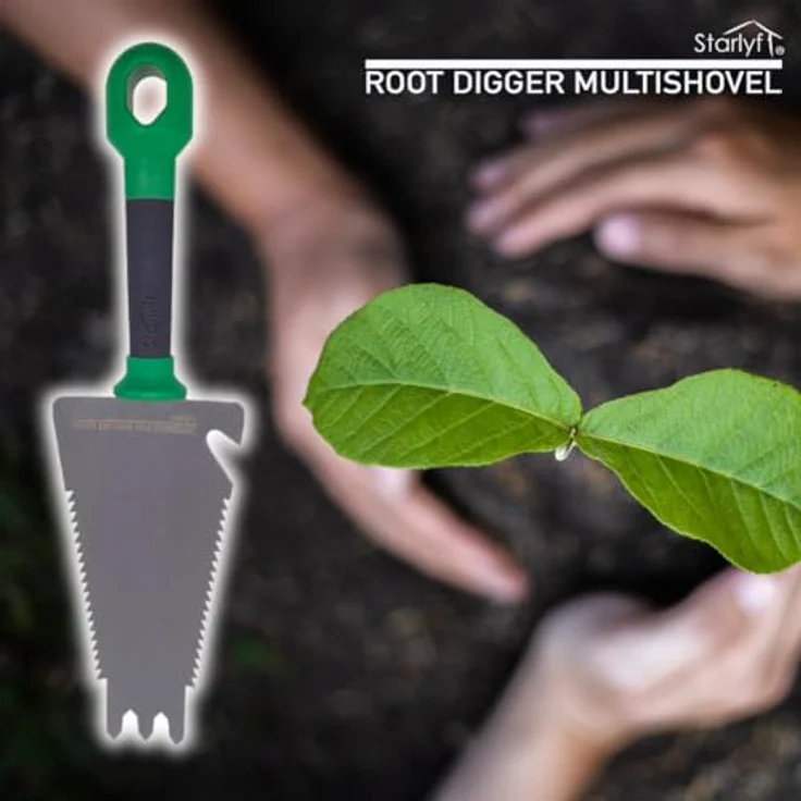 Starlyf Blumenkelle Root Digger, multifunktionale 4 in 1 Gartenschaufel mit Sägeklinge und ergonomischem Griff, grau/grün – Bild 4