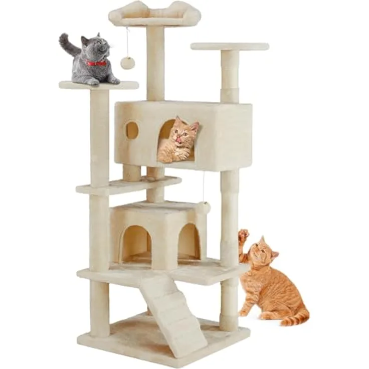 DUMOS Katzen Kratzbaum Groß, 135 cm Katzenbaum Kletterturm mit Sisal Umwicklung und Höhle (Beige)