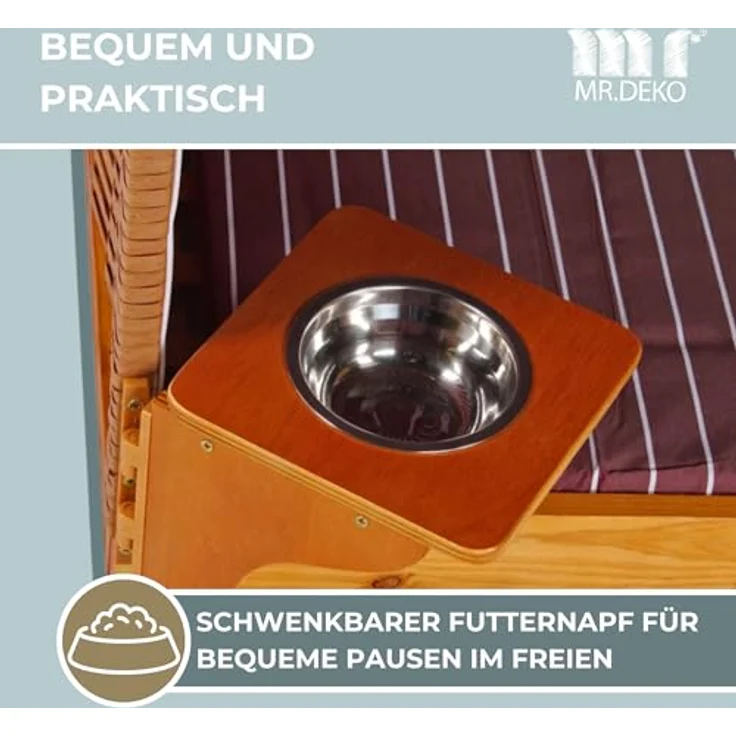 MR. DEKO® Hundestrandkorb Wacholder PE Beige, mit rot gestreiftem Dach, inklusive schwenkbarem Edelstahl-Futternapf und Wassernapf, UV-beständig und wetterfest, für Hunde und Katzen – Bild 3