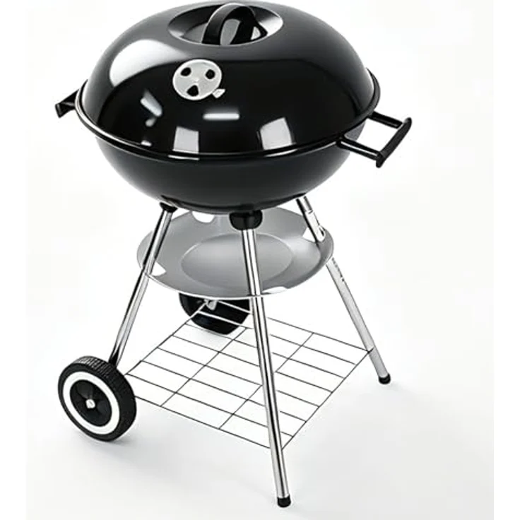LQWELL Compact Kettle Holzkohlegrill, Grillfläche Ø 41,5 cm, einstellbare Luftzufuhr, tragbar mit Doppelrädern, Maße 44 x 43,7 x 71 cm, Schwarz – Bild 2