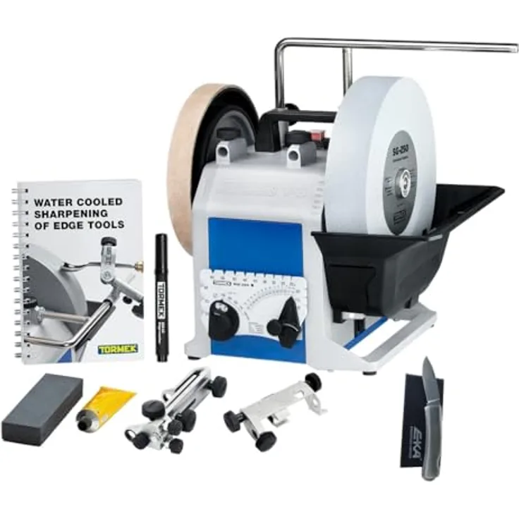 Tormek T8 Nass Schleifmaschine mit EKA-Messer, Originalschleifstein SG-250, verbesserter Wasserbehälter und Magnet-Schaber