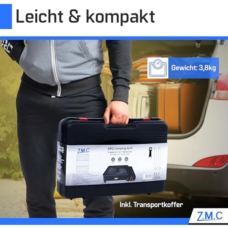 ZMC 2-in-1 Gaskocher + Gasgrill 2,2KW, inkl. Zubehör, Campingkocher mit Grillplatte + Grillrost, Tragekoffer, 3,8kg, Piezo-Zündung ohne Gaskartusche, schwarzes Design – Bild 7