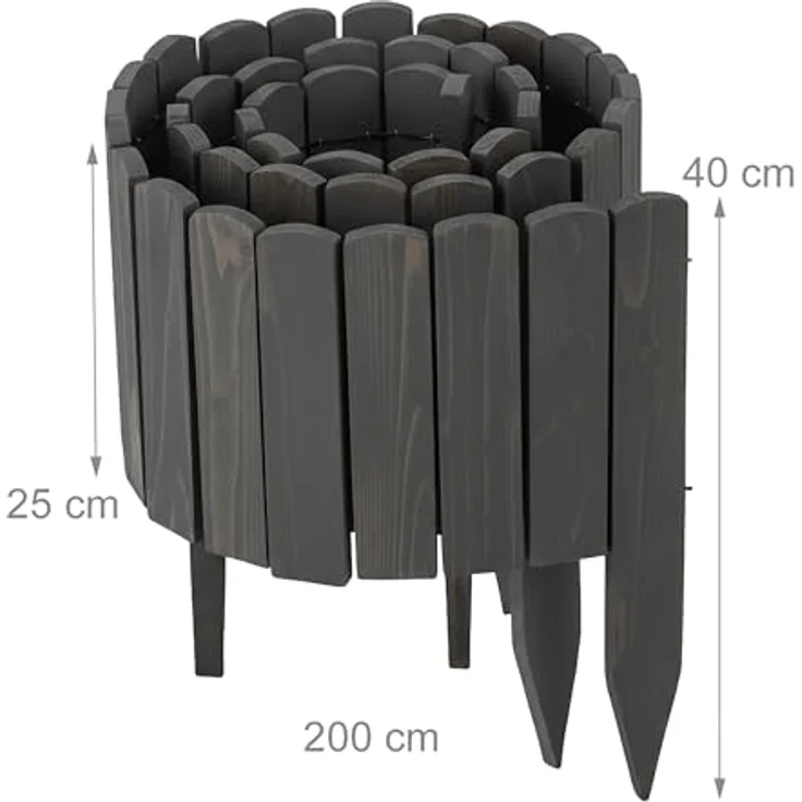Relaxdays Beeteinfassung, flexibler Holz Beetzaun, 200 cm lang, anthrazit, Sichthöhe 25 cm – Bild 4