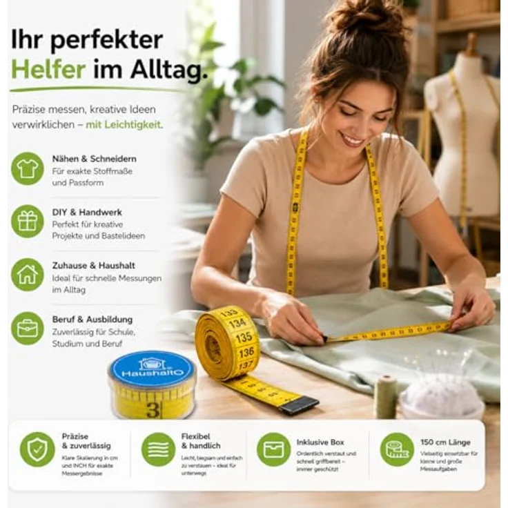 HaushaltO 2 in 1 Maßband 150 cm, präzises Schneidermaßband mit cm- und INCH-Skalierung, inklusive Aufbewahrungsbox – Bild 5