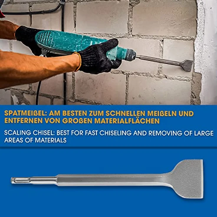 S&R Bohrhammer Meißel-Set SDS-plus, 3-teilig, robust und hitzegehärtet – Flachmeißel, Spatmeißel, Spitzmeißel für Beton, Mauerwerk, Ziegel, und Asphalt – Bild 5