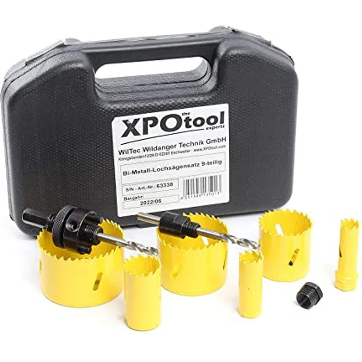 XPOtool 9-teiliges HSS Bi-Metall Lochsägen Set 16-68 mm, robustes Set für Holz, Weichmetall und Kunststoffe, inklusive Aufnahmedorne und Adapter, titanbeschichtet – Bild 3