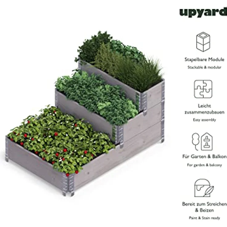 Upyard Stepped Bed - modernes Hochbeet aus Paletten - modulares, mehrstufiges Hochbeet aus Naturholz für Garten und Terrasse, 120x80x58,5, Grau – Bild 3