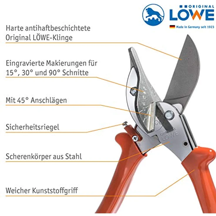 Original LÖWE Gehrungsschere 3.104 mit 45 Grad Anschlägen für professionellen Einsatz in Industrie und Handwerk - Amboss Winkelschneider für präzisen Schnitt an Kunststoff Gummi Holz PVC Leder – Bild 3