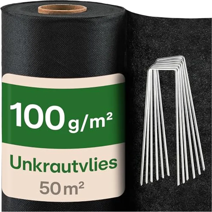 Praknu Unkrautvlies 100g/m² Extra Stark, UV-beständige Unkrautfolie mit 24 Erdankern, wasserdurchlässig & reißfest, 50m² Gartenfolie gegen Unkraut