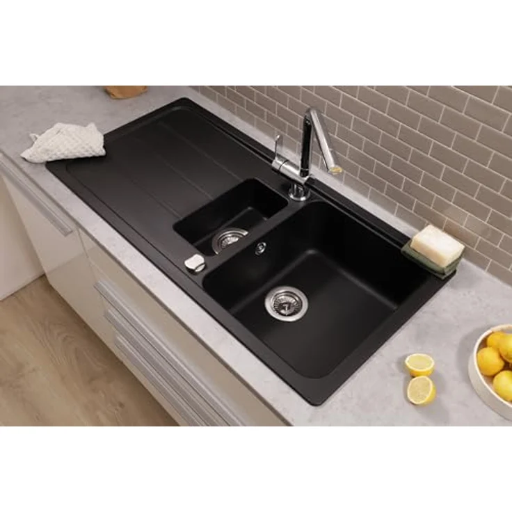 Respekta Austin Massivgranit Spüle 100 x 50 cm, Hitzebeständig, 1,5 Becken, Schwarz, für Unterschränke ab 60 cm Breite – Bild 3