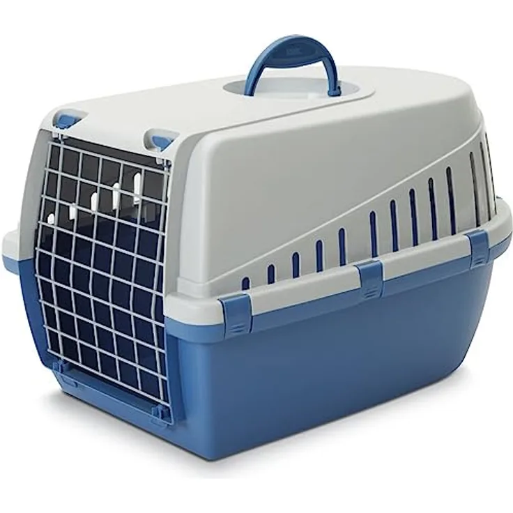 Savic Trotter 1 Transportbox für kleine Hunde und Katzen, robuste Kunststoffbox mit Metall-Gittertür, 49 x 33 x 30 cm, Atlantikblau / Hellgrau