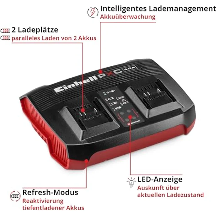 Einhell Power X-Twincharger 4A, Ladegerät für 2x 18 V Power X-Change Akkus mit Akkuüberwachung und Refresh-Modus – Bild 4