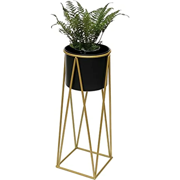 DanDiBo Blumenhocker mit Topf Metall Gold Schwarz L 70 cm Blumenständer 96046 Blumensäule Modern Pflanzenständer Pflanzenhocker