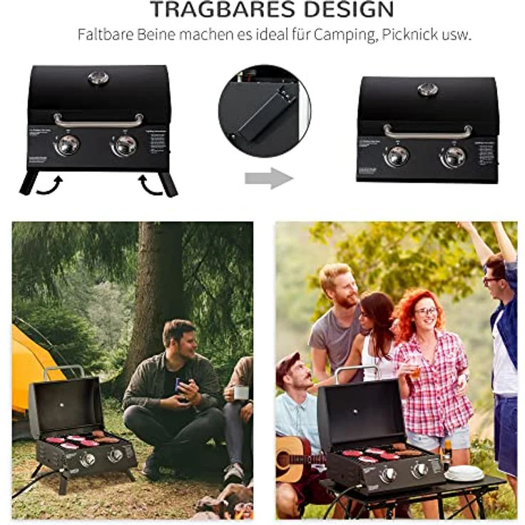 Outsunny Tischgrill Gasgrill BBQ mit 2 Brennern mobiler Grillwagen Grillnetz klein Outdoor Tischgasgrill Picknick mit Druckminderer Schlauch Edelstahl Schwarz 55 x 46,5 x 41 cm - Preisvergleich – Bild 4