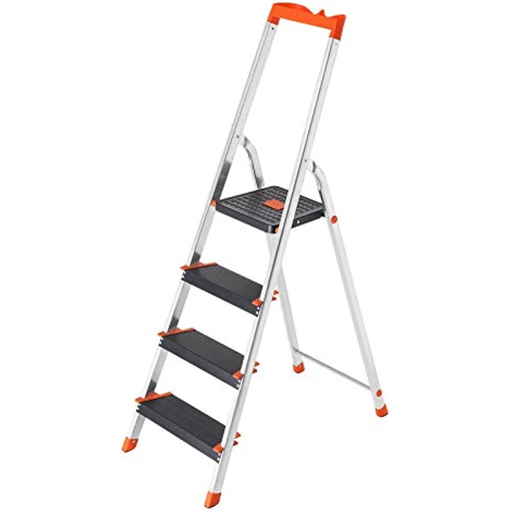 SONGMICS Leiter mit 4 Stufen, Aluleiter, 12 cm breite Stufen mit Riffelung, Anti-Rutsch-Füße, mit Handlauf, Werkzeugschale, bis 150 kg belastbar, schwarz-orange GLT04BK – Bild 1