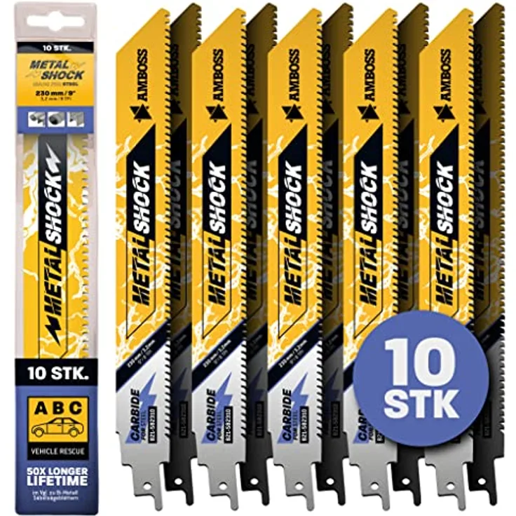 AMBOSS METAL SHOCK - 10x Säbelsägeblatt Länge 230 mm / 8 ZpZ - ideal für Abriss / Fahrzeugrettung / Aufbau / Demontage / Rohrleitungsbau - geeignet für Stahl (Rohre / Profile / Träger) sowie Gussrohre