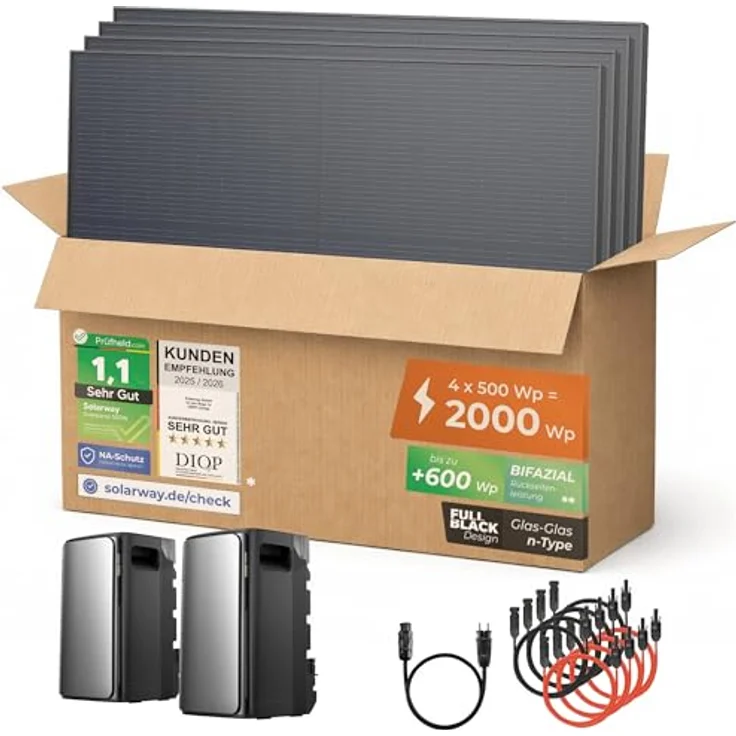 Solarway Balkonkraftwerk 2000 Wp mit 3,8 kWh Speicher, Plug & Play Komplettset, 4× 500 W Solarmodule, 2× EcoFlow STREAM Max (je 1,9 kWh), Wechselrichter im Speicher – Bild 1