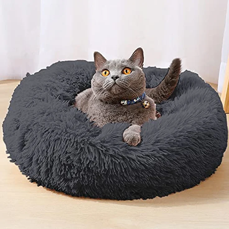 Intirilife flauschiges Plüsch Haustierbett in Dunkel Grau Durchmesser 80 cm - Weiches rundes rutschfestes Hundebett Katzenbett Kissen komfortables Hundesofa Katzensofa für Hunde und Katzen – Bild 5
