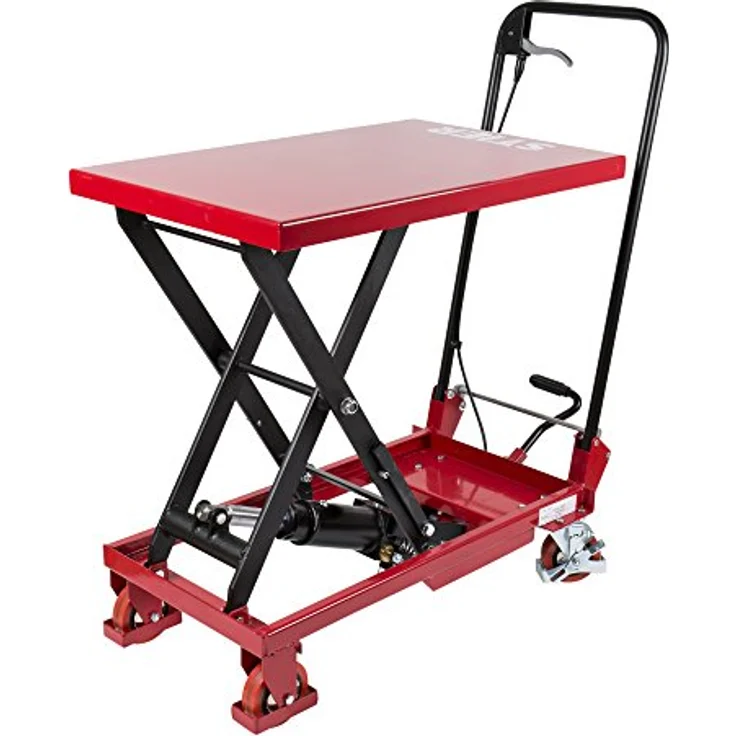 STIER Doppelscheren-Hubtischwagen, hydraulisch, Traglast bis 150 kg, Plattform 700x450 mm, Hubbereich 220-720 mm, klappbarer Bügel, Polyurethan-Bereifung – Bild 1