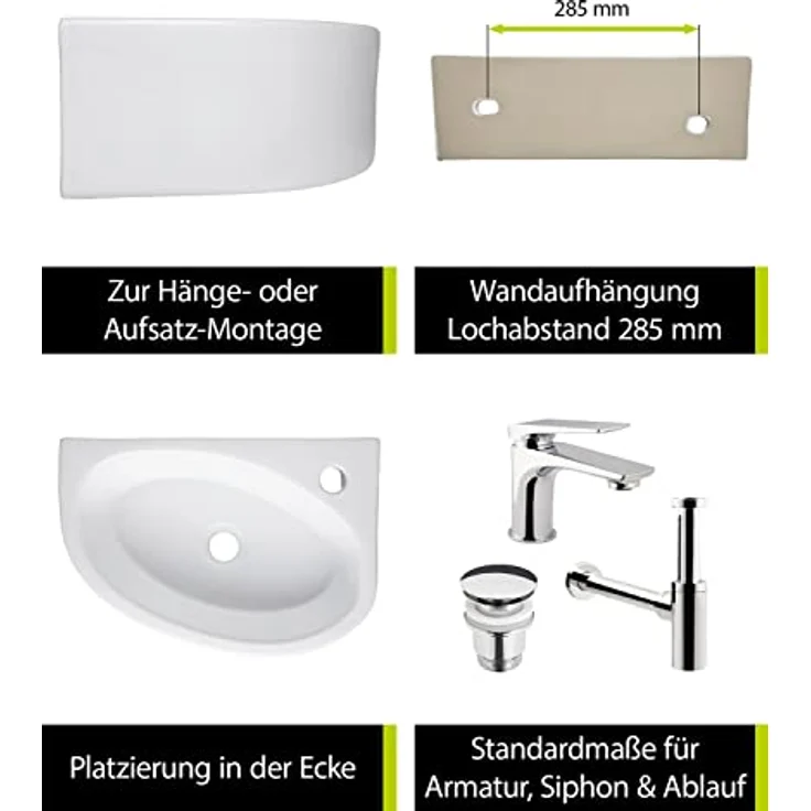 'aquaSu® Handwaschbecken Liam 42 cm | Eck-Waschtisch mit Hahnloch | Kleines Hänge-Waschbecken rund | Wand- oder Aufsatzmontage | 42 x 29 cm | Sanitärkeramik in weiß | 56218 8 – Bild 4