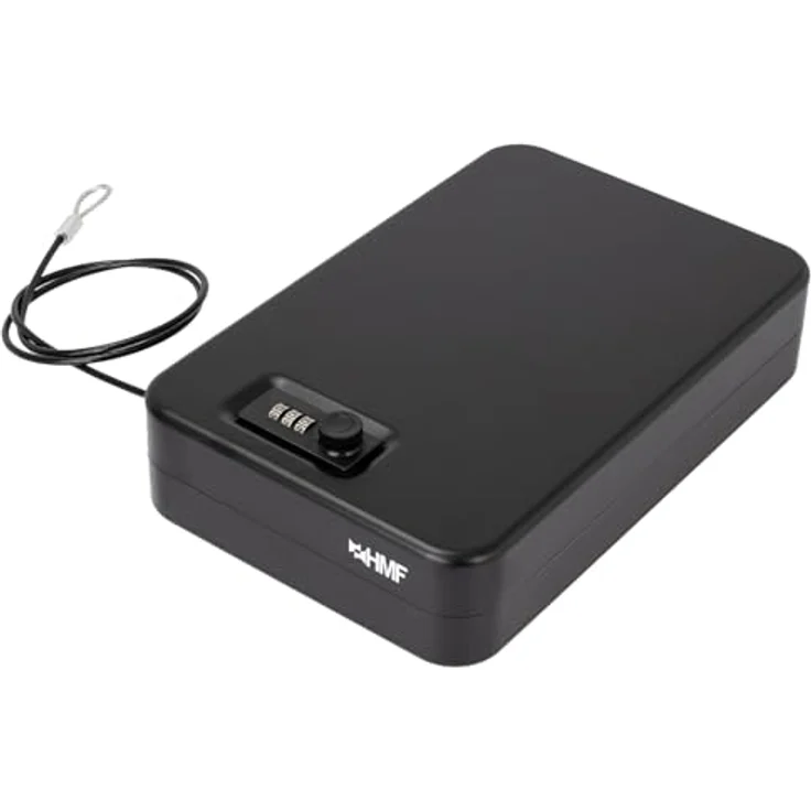 HMF Autotresor 316-02, tragbare Sicherheitsbox mit Zahlenschloss und Sicherungskabel, 29 x 19 x 6,5 cm, schwarzer Reisesafe – Bild 1