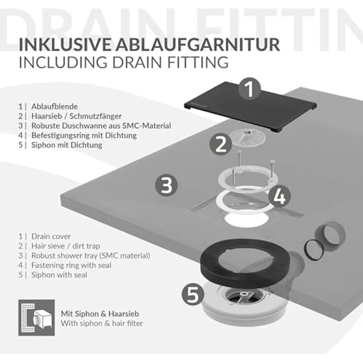 LuxeBath Duschwanne 100x70 cm Schwarz mit rutschfester Oberfläche und Ablaufgarnitur aus SMC, Höhe 3 cm – Bild 6