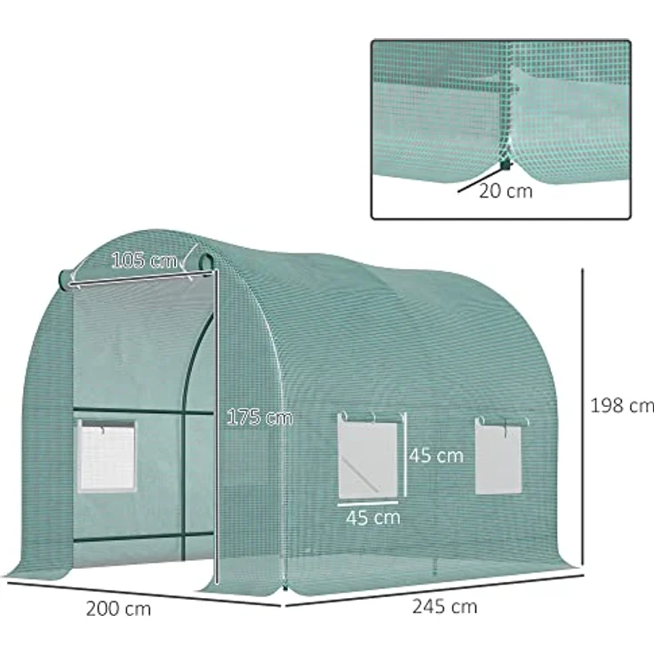 Outsunny Foliengewächshaus Tomatengewächshaus Treibhaus Folientunnel Frühbeet mit Fenster Grün 245 x 200 x 198 cm – Bild 3