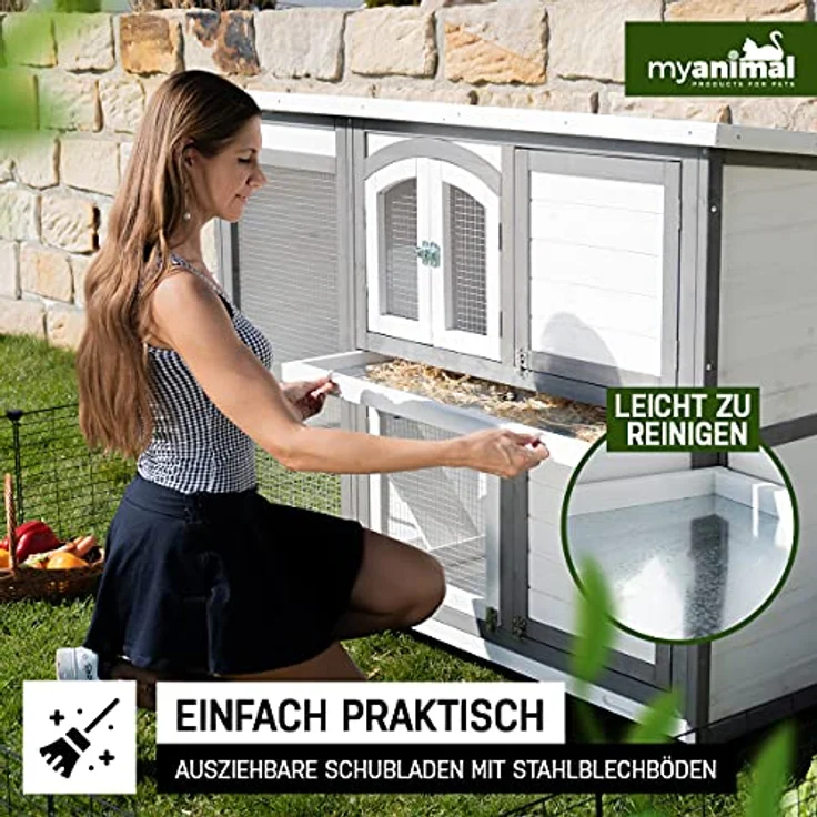 Miweba MyAnimal Hasenstall MH-02 | 140x48x108 cm - Kaninchenstall - Doppelstockhaus 2 Ebenen - Hasenkäfig - Kiefernholz imprägniert - Kaninchenkäfig Winterfest - Indoor und Outdoor (Grau/Weiß) – Bild 2