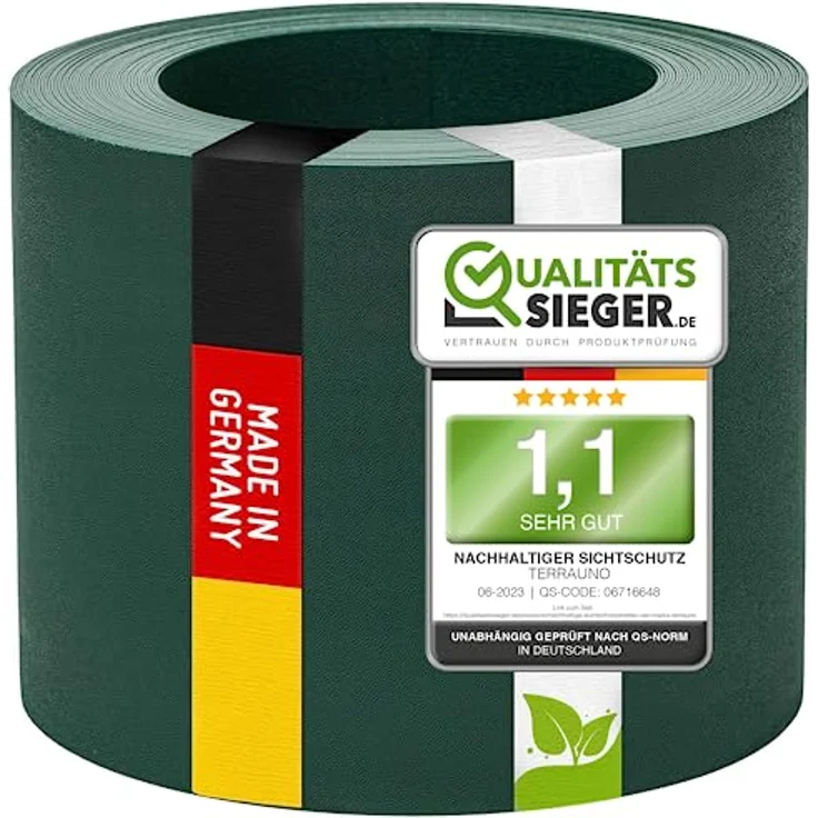 TerraUno Sichtschutzstreifen aus Polypropylen für Doppelstabmatten, RAL 6005 Grün, 26m x 19cm, UV-beständig und blickdicht, Lederoptik, Made in Germany – Bild 1