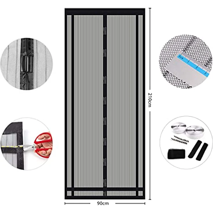 Sekey Magnet Fliegengitter Balkontür ohne Bohren Zuschneidbar, Türvorhang Fliegenschutz, Insektenschutz Tür Vorhang mit Verbreitertem Klebeband 90x210cm, Schwarz – Bild 2