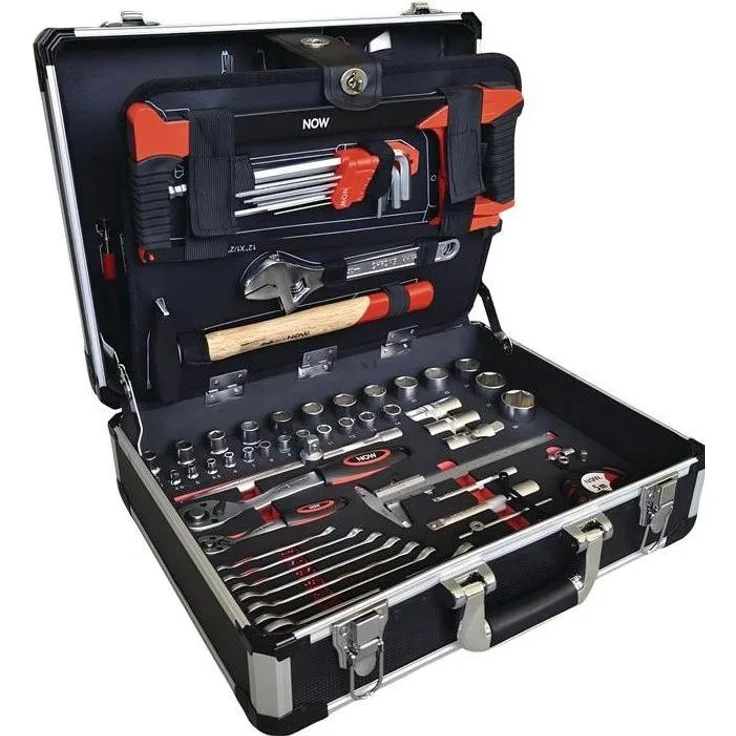 Now Werkzeugkoffer 134 Teile, Aluminiumrahmen, ergonomische 2-Komponenten-Griffe, Nussverriegelungsfunktion