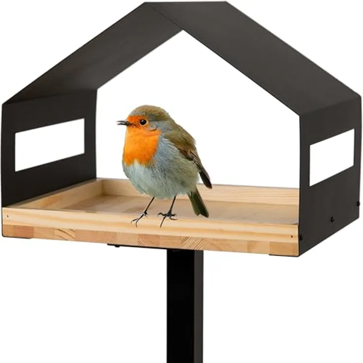 WONDERMAKE® Design Vogelhaus mit Ständer aus Metall und Holz wetterfest, modernes Vogelfutterhaus groß Metalldach stehend, Vogelhäuschen Futterhaus für Vögel zum Stellen XL