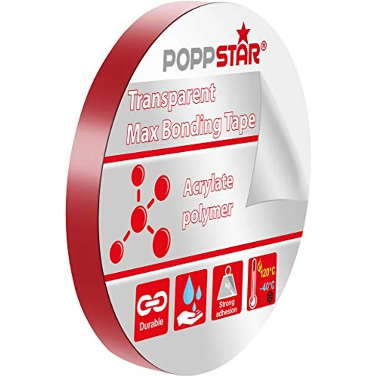 Poppstar doppelseitiges Klebeband (10 m x 19 mm x 2 mm) Acryl-Klebeband transparent – Bild 4