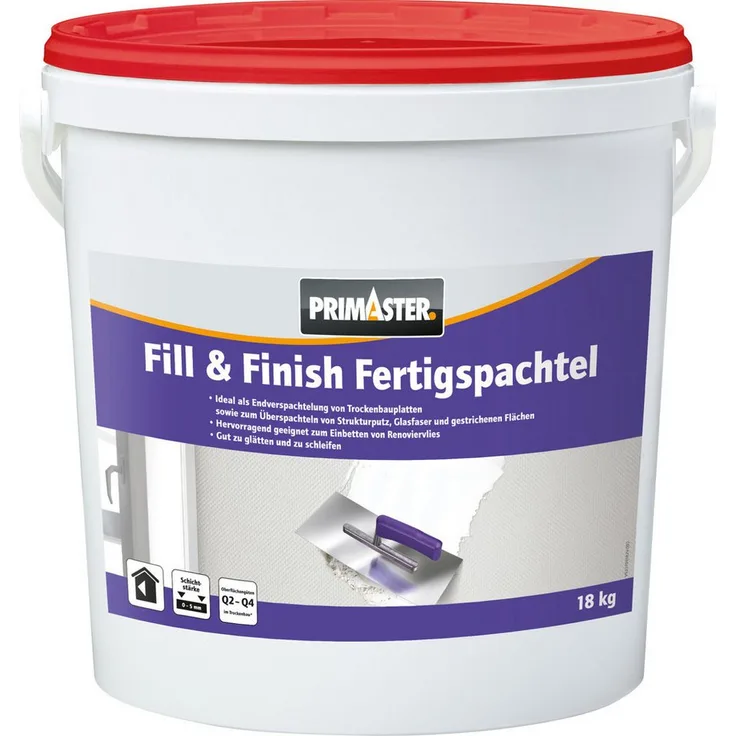 Primaster Fertigspachtel Fill & Finish, 18 kg, gebrauchsfertig, weiß, für Oberflächengüten Q2 - Q4 im Trockenbau