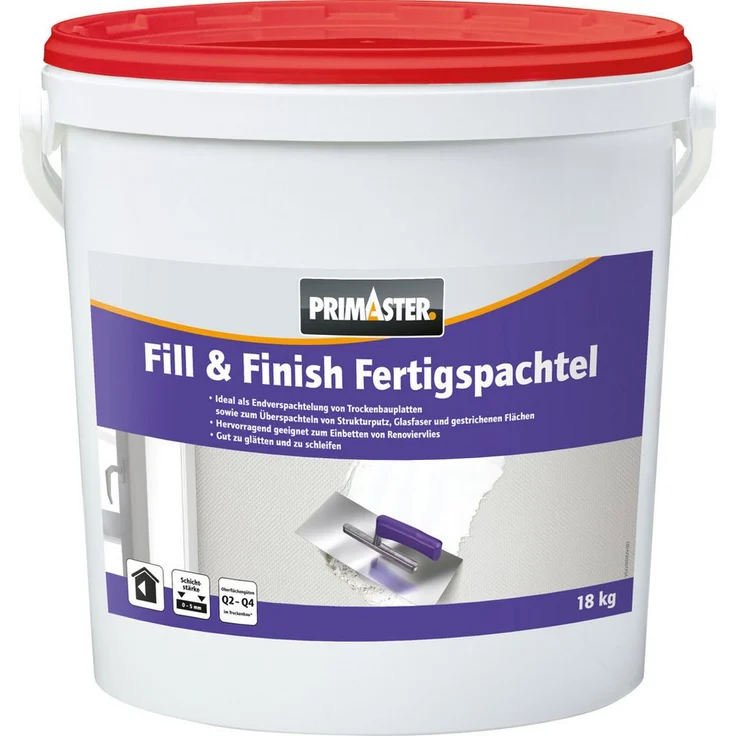 Primaster Fertigspachtel Fill & Finish, 18 kg, gebrauchsfertig, weiß, für Oberflächengüten Q2 - Q4 im Trockenbau