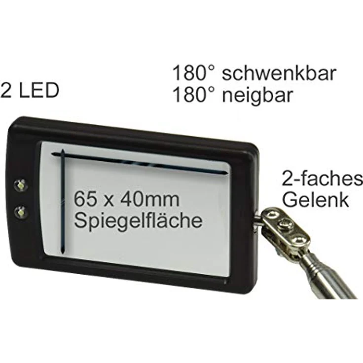 Teleskop Spiegel mit LED Beleuchtung Gesamtlänge 28,5-87,5cm Spiegel 65x40mm – Bild 6