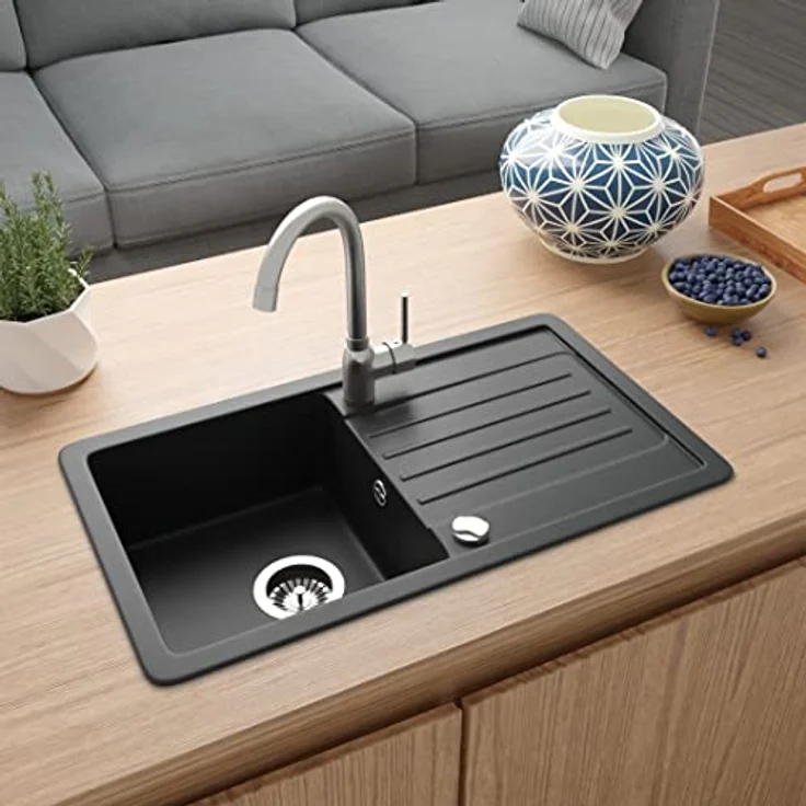 Lindbergh Spülen Rein Schwarz Granit Spüle VEL44 + 1-Helia Armatur + Siphon DREHEXCENTER - MADE IN GERMANY, kratzfest und hitzebeständig bis 280°C – Bild 2
