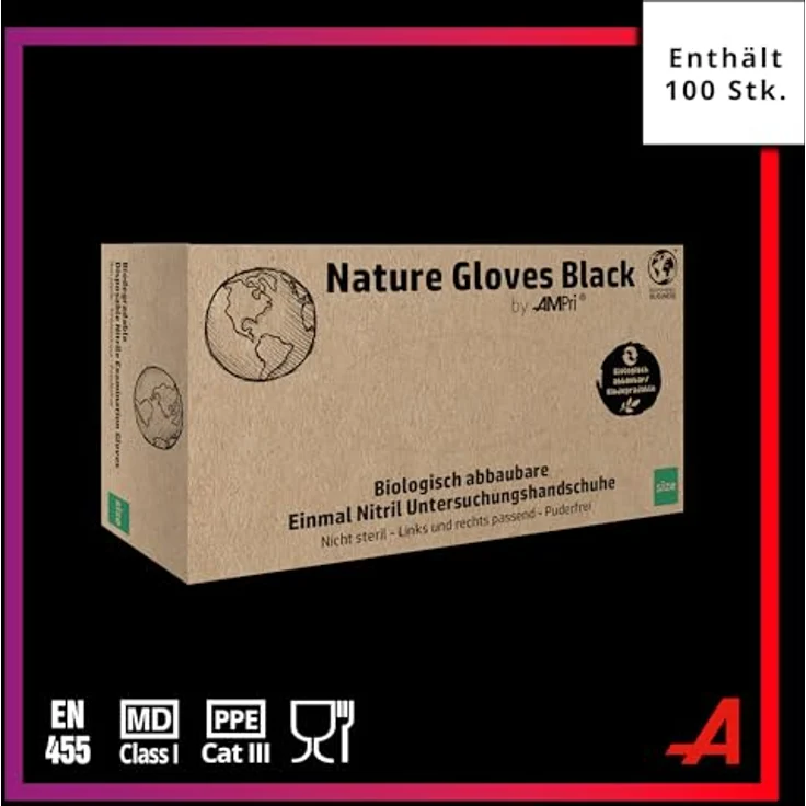 AMPri Biologisch abbaubare Nitrilhandschuhe, schwarz, 100 Stück/Box, Größe S, puderfrei, Nature Gloves by Med-Comfort: Nitril Einmalhandschuhe, XS-XL verfügbar – Bild 2
